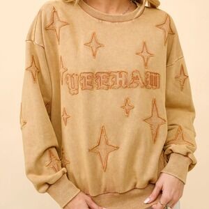 Blue B Collection Yeehaw Appliquéd Sweater Beige Acid Washed Distressed Sz Large